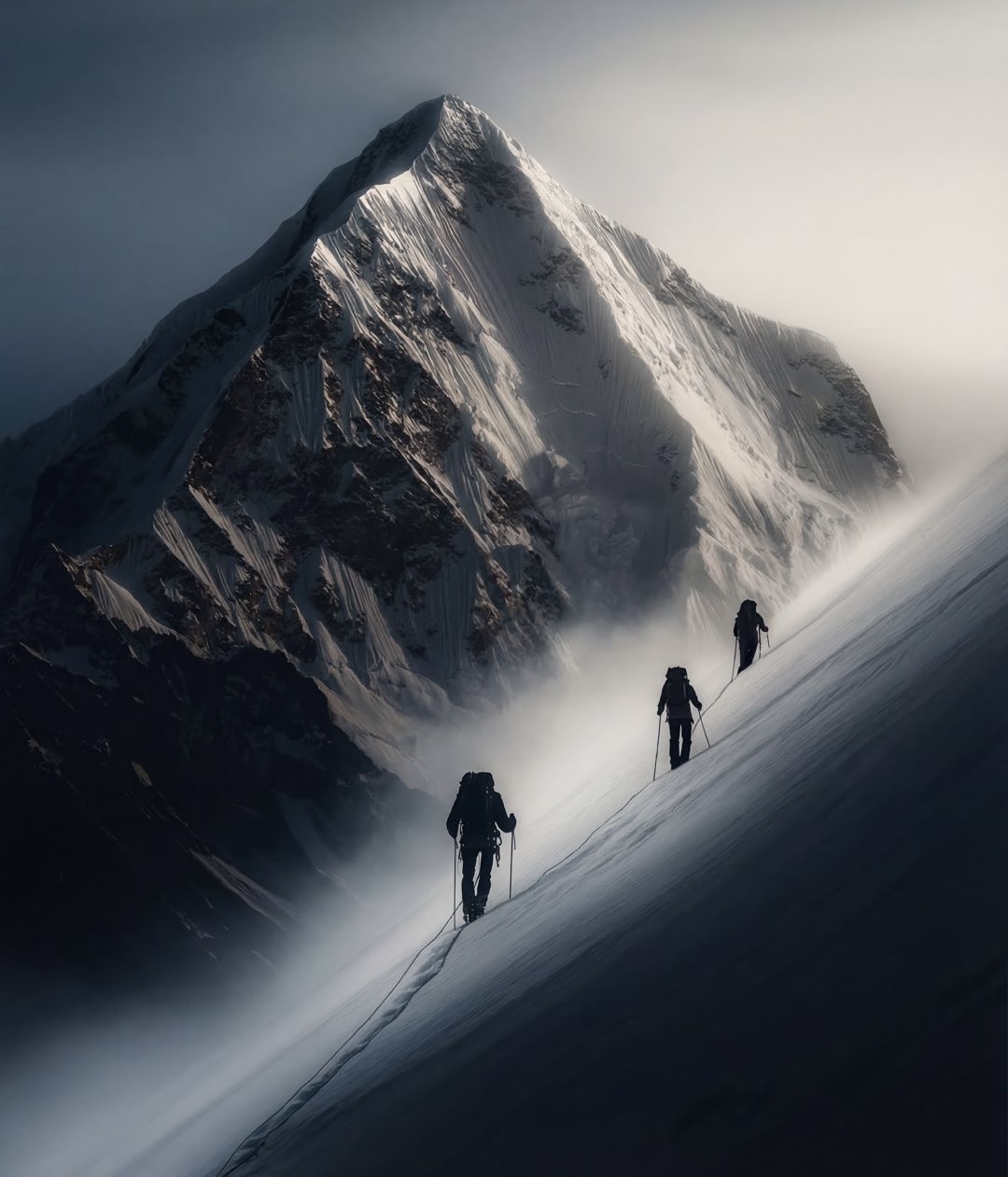 Alpinistes progressant vers un sommet enneigé — prise de hauteur